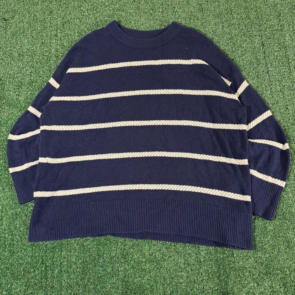 Aerie Navy Blue Cream Striped Crewneck Sweater Women Size L Preppy Coastal 0223